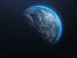 Vue de la Terre depuis l'espace, avec des nuances de bleu et des détails de la surface.
